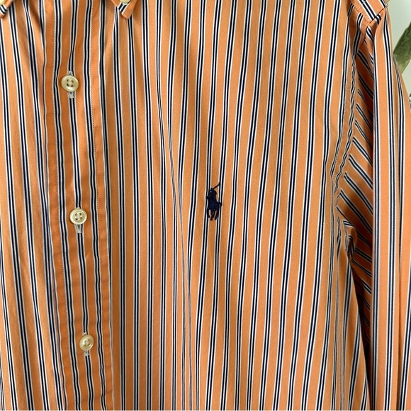 Ralph Lauren Cotton Button Down Shirt. 15 1/2. Medium. Orange and Blue Stripes. - Picture 3 of 8